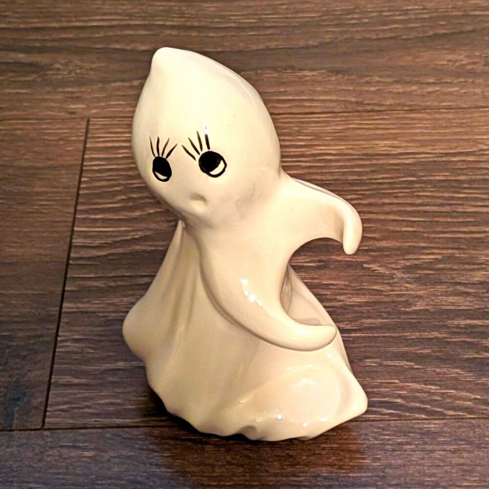 White Ceramic Ghost Taper Candle Holder Figurine - Glossy 3D Effect